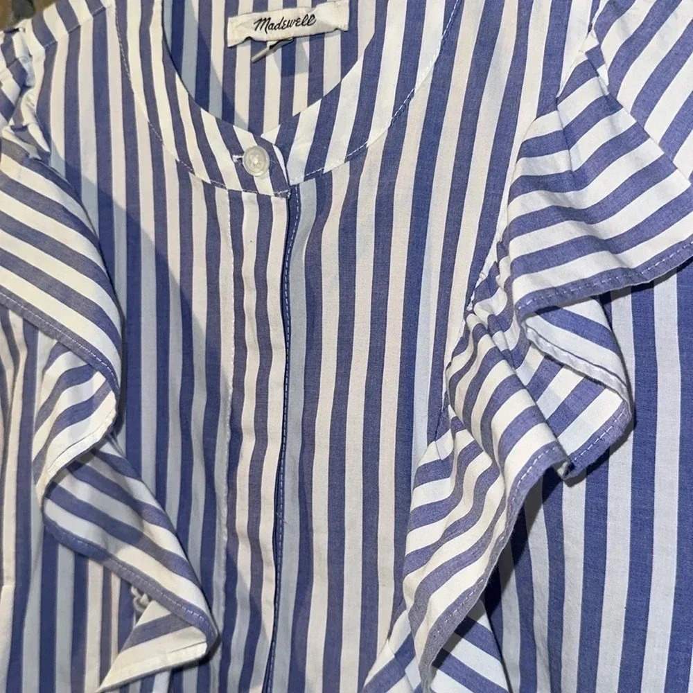 MADEWELL Whitney Striped Ruffle Top Blouse Blue / White XS Button Down Long Slv - Picture 6 of 8